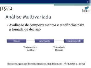Análise Multivariada
• Avaliação de comportamentos e tendências para
a tomada de decisão
3
Informação Conhecimento
Dados
Tratamento e
Análise
Tomada de
Decisão
Processo de geração de conhecimento de um fenômeno (FÁVERO et al, 2009)
 