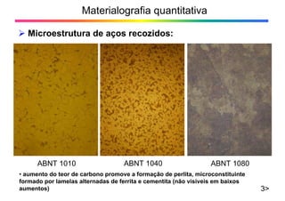 Materialografia quantitativa
3>
Microestrutura de aços recozidos:
ABNT 1010 ABNT 1040 ABNT 1080
• aumento do teor de carbono promove a formação de perlita, microconstituinte
formado por lamelas alternadas de ferrita e cementita (não visíveis em baixos
aumentos)
 