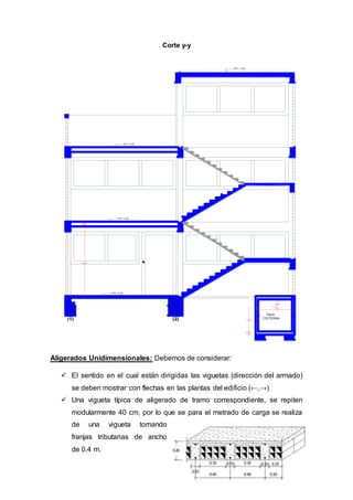 Corte y-y
Aligerados Unidimensionales: Debemos de considerar:
 El sentido en el cual están dirigidas las viguetas (dirección del armado)
se deben mostrar con flechas en las plantas del edificio (←,→)
 Una vigueta típica de aligerado de tramo correspondiente, se repiten
modularmente 40 cm, por lo que se para el metrado de carga se realiza
de una vigueta tomando
franjas tributarias de ancho
de 0.4 m.
Agua
CISTERNA
NPT + 8.30
NPT +5.80
NPT +2.90
NPT +0.00
0.15
1.80
0.40
1.15
0.20
2.65
(1) (2)
 