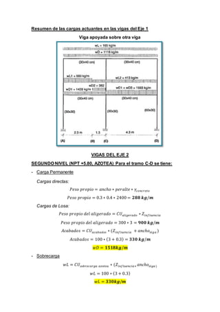Resumen de las cargas actuantes en las vigas del Eje 1
Viga apoyada sobre otra viga
VIGAS DEL EJE 2
SEGUNDO NIVEL (NPT +5.80, AZOTEA) Para el tramo C-D se tiene:
- Carga Permanente
Cargas directas:
𝑃𝑒𝑠𝑜 𝑝𝑟𝑜𝑝𝑖𝑜 = 𝑎𝑛𝑐ℎ𝑜 ∗ 𝑝𝑒𝑟𝑎𝑙𝑡𝑒 ∗ 𝛾𝑐𝑜𝑛𝑐𝑟𝑒𝑡𝑜
𝑃𝑒𝑠𝑜 𝑝𝑟𝑜𝑝𝑖𝑜 = 0.3 ∗ 0.4 ∗ 2400 = 𝟐𝟖𝟖 𝒌𝒈/𝒎
Cargas de Losa:
𝑃𝑒𝑠𝑜 𝑝𝑟𝑜𝑝𝑖𝑜 𝑑𝑒𝑙 𝑎𝑙𝑖𝑔𝑒𝑟𝑎𝑑𝑜 = 𝐶𝑈 𝑎𝑙𝑖𝑔𝑒𝑟𝑎𝑑𝑜 ∗ 𝑍𝑖𝑛𝑓𝑙𝑢𝑒𝑛𝑐𝑖𝑎
𝑃𝑒𝑠𝑜 𝑝𝑟𝑜𝑝𝑖𝑜 𝑑𝑒𝑙 𝑎𝑙𝑖𝑔𝑒𝑟𝑎𝑑𝑜 = 300 ∗ 3 = 𝟗𝟎𝟎 𝒌𝒈/𝒎
𝐴𝑐𝑎𝑏𝑎𝑑𝑜𝑠 = 𝐶𝑈 𝑎𝑐𝑎𝑏𝑎𝑑𝑜𝑠 ∗ (𝑍𝑖𝑛𝑓𝑙𝑢𝑒𝑛𝑐𝑖𝑎 + 𝑎𝑛𝑐ℎ𝑜 𝑣𝑖𝑔𝑎 )
𝐴𝑐𝑎𝑏𝑎𝑑𝑜𝑠 = 100 ∗ (3 + 0.3) = 𝟑𝟑𝟎 𝒌𝒈/𝒎
𝑤𝐷 = 𝟏𝟓𝟏𝟖𝒌𝒈/𝒎
- Sobrecarga
𝑤𝐿 = 𝐶𝑈𝑠𝑜𝑏𝑟𝑒𝑐𝑎𝑟𝑔𝑎 𝑎𝑧𝑜𝑡𝑒𝑎 ∗ (𝑍𝑖𝑛𝑓𝑙𝑢𝑒𝑛𝑐𝑖𝑎+ 𝑎𝑛𝑐ℎ𝑜 𝑣𝑖𝑔𝑎)
𝑤𝐿 = 100 ∗ (3 + 0.3)
𝑤𝐿 = 𝟑𝟑𝟎𝒌𝒈/𝒎
 