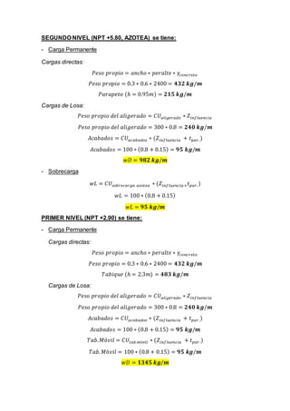 SEGUNDO NIVEL (NPT +5.80, AZOTEA) se tiene:
- Carga Permanente
Cargas directas:
𝑃𝑒𝑠𝑜 𝑝𝑟𝑜𝑝𝑖𝑜 = 𝑎𝑛𝑐ℎ𝑜 ∗ 𝑝𝑒𝑟𝑎𝑙𝑡𝑒 ∗ 𝛾𝑐𝑜𝑛𝑐𝑟𝑒𝑡𝑜
𝑃𝑒𝑠𝑜 𝑝𝑟𝑜𝑝𝑖𝑜 = 0.3 ∗ 0.6 ∗ 2400 = 𝟒𝟑𝟐 𝒌𝒈/𝒎
𝑃𝑎𝑟𝑎𝑝𝑒𝑡𝑜 (ℎ = 0.95𝑚) = 𝟐𝟏𝟓 𝒌𝒈/𝒎
Cargas de Losa:
𝑃𝑒𝑠𝑜 𝑝𝑟𝑜𝑝𝑖𝑜 𝑑𝑒𝑙 𝑎𝑙𝑖𝑔𝑒𝑟𝑎𝑑𝑜 = 𝐶𝑈 𝑎𝑙𝑖𝑔𝑒𝑟𝑎𝑑𝑜 ∗ 𝑍𝑖𝑛𝑓𝑙𝑢𝑒𝑛𝑐𝑖𝑎
𝑃𝑒𝑠𝑜 𝑝𝑟𝑜𝑝𝑖𝑜 𝑑𝑒𝑙 𝑎𝑙𝑖𝑔𝑒𝑟𝑎𝑑𝑜 = 300 ∗ 0.8 = 𝟐𝟒𝟎 𝒌𝒈/𝒎
𝐴𝑐𝑎𝑏𝑎𝑑𝑜𝑠 = 𝐶𝑈 𝑎𝑐𝑎𝑏𝑎𝑑𝑜𝑠 ∗ (𝑍𝑖𝑛𝑓𝑙𝑢𝑒𝑛𝑐𝑖𝑎 + 𝑡 𝑝𝑎𝑟. )
𝐴𝑐𝑎𝑏𝑎𝑑𝑜𝑠 = 100 ∗ (0.8 + 0.15) = 𝟗𝟓 𝒌𝒈/𝒎
𝑤𝐷 = 𝟗𝟖𝟐 𝒌𝒈/𝒎
- Sobrecarga
𝑤𝐿 = 𝐶𝑈𝑠𝑜𝑏𝑟𝑒𝑐𝑎𝑟𝑔𝑎 𝑎𝑧𝑜𝑡𝑒𝑎 ∗ (𝑍𝑖𝑛𝑓𝑙𝑢𝑒𝑛𝑐𝑖𝑎+ 𝑡 𝑝𝑎𝑟. )
𝑤𝐿 = 100 ∗ (0.8 + 0.15)
𝑤𝐿 = 𝟗𝟓 𝒌𝒈/𝒎
PRIMER NIVEL (NPT +2.90) se tiene:
- Carga Permanente
Cargas directas:
𝑃𝑒𝑠𝑜 𝑝𝑟𝑜𝑝𝑖𝑜 = 𝑎𝑛𝑐ℎ𝑜 ∗ 𝑝𝑒𝑟𝑎𝑙𝑡𝑒 ∗ 𝛾𝑐𝑜𝑛𝑐𝑟𝑒𝑡𝑜
𝑃𝑒𝑠𝑜 𝑝𝑟𝑜𝑝𝑖𝑜 = 0.3 ∗ 0.6 ∗ 2400 = 𝟒𝟑𝟐 𝒌𝒈/𝒎
𝑇𝑎𝑏𝑖𝑞𝑢𝑒 (ℎ = 2.3𝑚) = 𝟒𝟖𝟑 𝒌𝒈/𝒎
Cargas de Losa:
𝑃𝑒𝑠𝑜 𝑝𝑟𝑜𝑝𝑖𝑜 𝑑𝑒𝑙 𝑎𝑙𝑖𝑔𝑒𝑟𝑎𝑑𝑜 = 𝐶𝑈 𝑎𝑙𝑖𝑔𝑒𝑟𝑎𝑑𝑜 ∗ 𝑍𝑖𝑛𝑓𝑙𝑢𝑒𝑛𝑐𝑖𝑎
𝑃𝑒𝑠𝑜 𝑝𝑟𝑜𝑝𝑖𝑜 𝑑𝑒𝑙 𝑎𝑙𝑖𝑔𝑒𝑟𝑎𝑑𝑜 = 300 ∗ 0.8 = 𝟐𝟒𝟎 𝒌𝒈/𝒎
𝐴𝑐𝑎𝑏𝑎𝑑𝑜𝑠 = 𝐶𝑈 𝑎𝑐𝑎𝑏𝑎𝑑𝑜𝑠 ∗ (𝑍𝑖𝑛𝑓𝑙𝑢𝑒𝑛𝑐𝑖𝑎 + 𝑡 𝑝𝑎𝑟. )
𝐴𝑐𝑎𝑏𝑎𝑑𝑜𝑠 = 100 ∗ (0.8 + 0.15) = 𝟗𝟓 𝒌𝒈/𝒎
𝑇𝑎𝑏. 𝑀ó𝑣𝑖𝑙 = 𝐶𝑈𝑡𝑎𝑏.𝑚ó𝑣𝑖𝑙 ∗ (𝑍𝑖𝑛𝑓𝑙𝑢𝑒𝑛𝑐𝑖𝑎 + 𝑡 𝑝𝑎𝑟.)
𝑇𝑎𝑏. 𝑀ó𝑣𝑖𝑙 = 100 ∗ (0.8 + 0.15) = 𝟗𝟓 𝒌𝒈/𝒎
𝑤𝐷 = 𝟏𝟑𝟒𝟓 𝒌𝒈/𝒎
 
