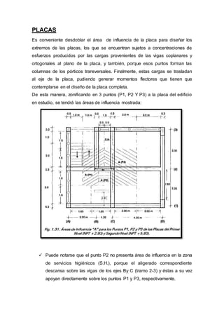 PLACAS
Es conveniente desdoblar el área de influencia de la placa para diseñar los
extremos de las placas, los que se encuentran sujetos a concentraciones de
esfuerzos producidos por las cargas provenientes de las vigas coplanares y
ortogonales al plano de la placa, y también, porque esos puntos forman las
columnas de los pórticos transversales. Finalmente, estas cargas se trasladan
al eje de la placa, pudiendo generar momentos flectores que tienen que
contemplarse en el diseño de la placa completa.
De esta manera, zonificando en 3 puntos (P1, P2 Y P3) a la placa del edificio
en estudio, se tendrá las áreas de influencia mostrada:
 Puede notarse que el punto P2 no presenta área de influencia en la zona
de servicios higiénicos (S.H.), porque el aligerado correspondiente
descansa sobre las vigas de los ejes By C (tramo 2-3) y éstas a su vez
apoyan directamente sobre los puntos P1 y P3, respectivamente.
 