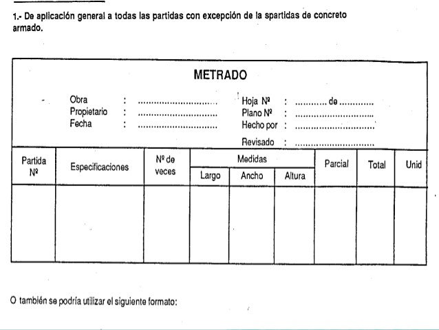 Resultado de imagen para FORMATOS DE METRADOS