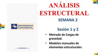 ANÁLISIS
ESTRUCTURAL
SEMANA 2
Sesión 1 y 2
• Metrado de Cargas de
gravedad.
• Modelos manuales de
elementos estructurales
 
