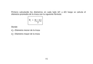 15
Primero calculando los diámetros en cada lado (d1 y d2) luego se calcula el
diámetro promedio de la troza con la siguiente fórmula:
Dx
= (da
+ db
)
2
Donde:
da
= Diámetro menor de la troza
db
= Diámetro mayor de la troza
 