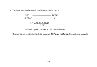 19
• Finalmente calculamos el rendimiento de la troza:
1 m3
___________________ 220 pt
0.76 m3
___________________ X
X = 0.76 m3
x 220pt
1 m3
X = 167.2 pies tablares = 167 pies tablares
Respuesta: el rendimiento de la troza es 167 pies tablares de madera aserrada.
 