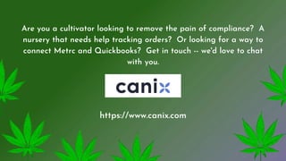 Are you a cultivator looking to remove the pain of compliance? A
nursery that needs help tracking orders? Or looking for a way to
connect Metrc and Quickbooks? Get in touch -- we'd love to chat
with you.
https://www.canix.com
 