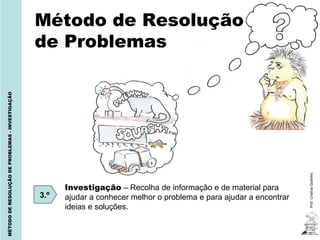 Método de Resolução
                                                  de Problemas
MÉTODO DE RESOLUÇÃO DE PROBLEMAS - INVESTIGAÇÃO




                                                                                                                        Prof. Cristina Godinho
                                                        Investigação – Recolha de informação e de material para
                                                  3.º   ajudar a conhecer melhor o problema e para ajudar a encontrar
                                                        ideias e soluções.
 