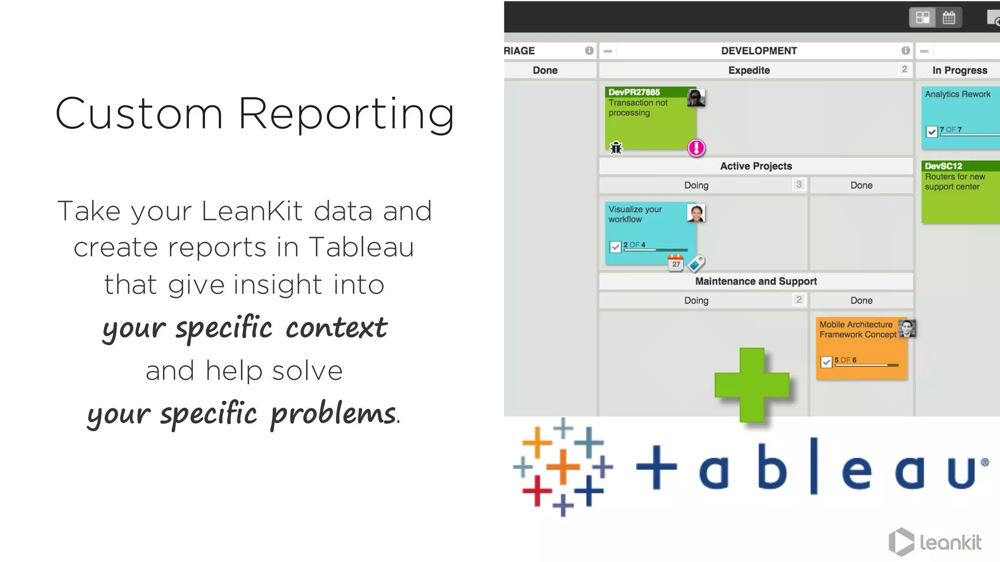 Take your LeanKit data and
create reports in Tableau
that give insight into
your specific context
and help solve
your specific problems.
Custom Reporting
 