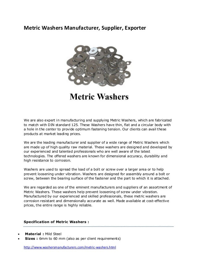 Metric Washers Manufacturers Suppliers Exporters Mumbai India