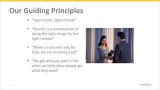 14 metric-x
Our Guiding Principles
? Open Doors, Open Minds
? Success is a consequence of
doing the right things for the
right reasons
? When a customer asks for
help, we are receiving a gift
? We get what we want in life
when we help other people get
what they want
 