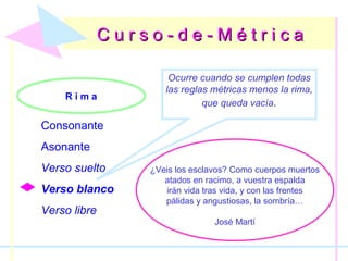 C u r s o - d e - M é t r i c aC u r s o - d e - M é t r i c a
R i m a
Consonante
Asonante
Verso suelto
Verso blanco
Verso libre
Ocurre cuando se cumplen todas
las reglas métricas menos la rima,
que queda vacía.
¿Veis los esclavos? Como cuerpos muertos
atados en racimo, a vuestra espalda
irán vida tras vida, y con las frentes
pálidas y angustiosas, la sombría…
José Martí
 