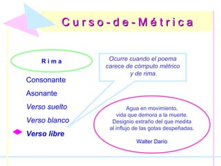 C u r s o - d e - M é t r i c aC u r s o - d e - M é t r i c a
R i m a
Consonante
Asonante
Verso suelto
Verso blanco
Verso libre
Ocurre cuando el poema
carece de cómputo métrico
y de rima.
Agua en movimiento,
vida que demora a la muerte.
Designio extraño del que medita
al influjo de las gotas despeñadas.
Walter Darío
 
