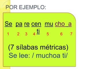 Se pa re cen mu cho a
ti
(7 sílabas métricas)
Se lee: / muchoa ti/
POR EJEMPLO:
1 2 3 4 5 6 7
 