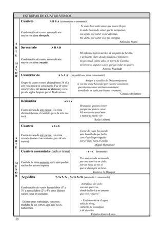 ESTROFAS DE CUATRO VERSOS
Cuarteto A B B A (consonante o asonante)
Combinación de cuatro versos de arte
mayor con rima abrazada.
Te ando buscando amor que nunca llegas
te ando buscando, amor que te mezquinas,
me aguzo por saber si me adivinas,
Me doblo por saber si te me entregas.
Alfonsina Storni
Serventesio A B A B
Combinación de cuatro versos de arte
mayor con rima cruzada.
Mi infancia son recuerdos de un patio de Sevilla,
y un huerto claro donde madura el limonero;
mi juventud, veinte años en tierra de Castilla;
mi historia, algunos casos que recordar no quiero.
Antonio Machado
Cuaderna vía A A A A (alejandrinos; rima consonante)
A
R
T
E
M
A
Y
O
R
Grupo de cuatro versos alejandrinos (14 síl.)
con rima única en consonante. Fue el verso
característico del mester de clerecía y recu-
perada siglos después por el Modernismo.
Amigos e vasallos de Dios omnipotent,
si vos me escuchássedes por vuestro consiment,
querríavos contar un buen aveniment:
terrédoslo en cabo por bueno verament.
Gonzalo de Berceo
Redondilla a b b a
Cuatro versos de arte menor, con rima
abrazada (como el cuarteto, pero de arte me-
nor)
Branquias quisiera tener
porque me quiero casar.
Mi novia vive en el mar
y nunca la puedo ver.
Rafael Alberti
Cuarteta a b a b
Cuatro versos de arte menor, con rima
cruzada (como el serventesio, pero de arte
menor)
Carne de yugo, ha nacido
más humillado que bello,
con el cuello perseguido
por el yugo para el cuello.
Miguel Hernández
Cuarteta asonantada (copla o tirana) - a - a (asonante)
Cuarteta de rima asonante, en la que quedan
sueltos los versos impares
Por una mirada un mundo,
por una sonrisa un cielo,
por un beso, yo no sé
que te diera por un beso.
Gustavo A. Bécquer
Seguidilla 7- 5a 7- 5a ; 7a 5b 7a 5b (asonante o consonante)
A
R
T
E
M
E
N
O
R
Combinación de versos heptasílabos (1º y
3º) y pentasílabos (2º y 4º); estos últimos
suelen rimar en asonante.
Existen otras variedades, con otras
medidas de sus versos, que aquí no es-
tudiaremos.
-Estrellitas del cielo
son mis quereres,
donde hallaré a mi amante
que vive y muere?
- Está muerto en el agua,
niña de nieve,
cubierto de nostalgias
y de claveles.
Federico García Lorca
20
 
