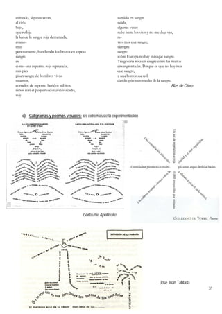 mirando, algunas veces,
al cielo
bajo,
que refleja
la luz de la sangre roja derramada,
avanzo
muy
penosamente, hundiendo los brazos en espesa
sangre,
es
como una esperma roja represada,
mis pies
pisan sangre de hombres vivos
muertos,
cortados de repente, heridos súbitos,
niños con el pequeño corazón volcado,
voy
sumido en sangre
salida,
algunas veces
sube hasta los ojos y no me deja ver,
no
veo más que sangre,
siempre
sangre,
sobre Europa no hay más que sangre.
Traigo una rosa en sangre entre las manos
ensangrentadas. Porque es que no hay más
que sangre,
y una horrorosa sed
dando gritos en medio de la sangre.
Blas de Otero
c) Caligramas y poemas visuales: los extremos de la experimentación
Guillaume Apollinaire
José Juan Tablada
31
 