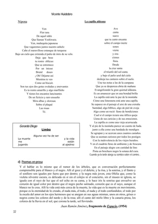Vicente Huidobro
Nipona
32
Ven
Flor rara
De aquel edén
Que llaman Yoshiwara.
Ven, muñequita japonesa
Que vagaremos juntos nuestro anhelo
Cabe el maravilloso estanque de turquesa
Bajo un cielo que extienda el palio de ónix de su velo.
Deja que bese
tu rostro oblicuo
Que se estremece
Por un inicuo
Brutal deseo
¡ Oh! Déjame así
Mientras te veo
Como un biscuit.
Son tus ojos dos gotas ovaladas y enervantes
Es tu rostro amarillo y algo marfileño
Y tienes los encantos lancinantes
De un ficticio y raro ensueño
Mira albas y olorosas
Sobre el plaqué
Las rosas
Té.
La capilla aldeana
Ave
canta
suave
que tu canto encanta
sobre el campo inerte
sones
vierte
y ora-
ciones
llora.
Desde
la cruz santa
el triunfo del sol canta
y bajo el palio azul del cielo
deshoja tus cantares sobre el suelo.
Une tus notas a las de la campana
Que ya se despereza ebria de mañana
Evangelizando la gran quietud aldeana.
Es un amanecer que en una bondad brilla
La capilla está ante la paz de la montaña
Cómo una limosnera está ante una capilla.
Se esparce en el paisaje el aire de una extraña
Santidad, algo bíblico, algo de piel de oveja
Algo como un roció lleno de bendiciones
Cual si el campo rezara una idílica queja
Llena de sus caricias y de sus emociones.
La capilla es como una vieja acurrucada
Gerardo Diego
Limbo
Alguna vez ha de ser
La muerte y la vida
me están
jugando al ajedrez
Y al pie de la montaña parece un cuento de hada.
junto a ella como una bandada de mendigos
Se agrupan y se acercan unos cuantos castaños
Que se asoman curiosos por todos los postigos
Con la malevolencia de los viejos huraños.
Y en el cuadrito lleno de ambiente y de frescura
En el paisaje alegre con castidad de lino
Pinta un brochazo negro la sotana del cura.
Cuando ya la tarde alarga su sombra sobre el camino...
d) Poemas en prosa
Y el hablar es lo mismo que el rumor de los árboles, que es conversación perfectamente
comprensible para el blanco y el negro. Allí el goce y el deleite, y la risa, y la sonrisa, y el llanto y
el sonlloro son iguales por fuera que por dentro; y la negra más joven, esta Ofelia que, como la
violeta silvestre oscura, es delicada en sí sin el colejio ni el concierto, sin el museo ni iglesia, se
iguala con el rayo de luz que el sol echa en su cama, y le hace iris la sonrisa que envuelve un
corazón de igual color por dentro que el negro pecho satinado, corazón que es el suyo, aunque el
blanco no lo crea. Allí la vida está más cerca de la muerte, la vida que es la muerte en movimiento,
porque es la eternidad de lo creado, el nada más, el todo, el nada y el todo confundidos; el todo por
la escala del amor en los ojos hermosos que se anegan en sus aguas mismas, unos en otros, grises o
negros como los colores del nardo y de la rosa; allí el canto del mirlo libre y la canaria presa, los
colores de la lluvia en el sol, que corona la tarde, sol lloviendo.
EspacioJuan Ramón Jiménez, fragmento de , (1954)
 