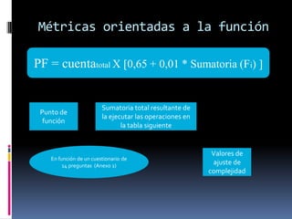 Métricas orientadas a la función

PF = cuentatotal X [0,65 + 0,01 * Sumatoria (Fi) ]


                         Sumatoria total resultante de
 Punto de
                         la ejecutar las operaciones en
  función
                                la tabla siguiente


                                                           Valores de
    En función de un cuestionario de
         14 preguntas (Anexo 1)
                                                           ajuste de
                                                          complejidad
 