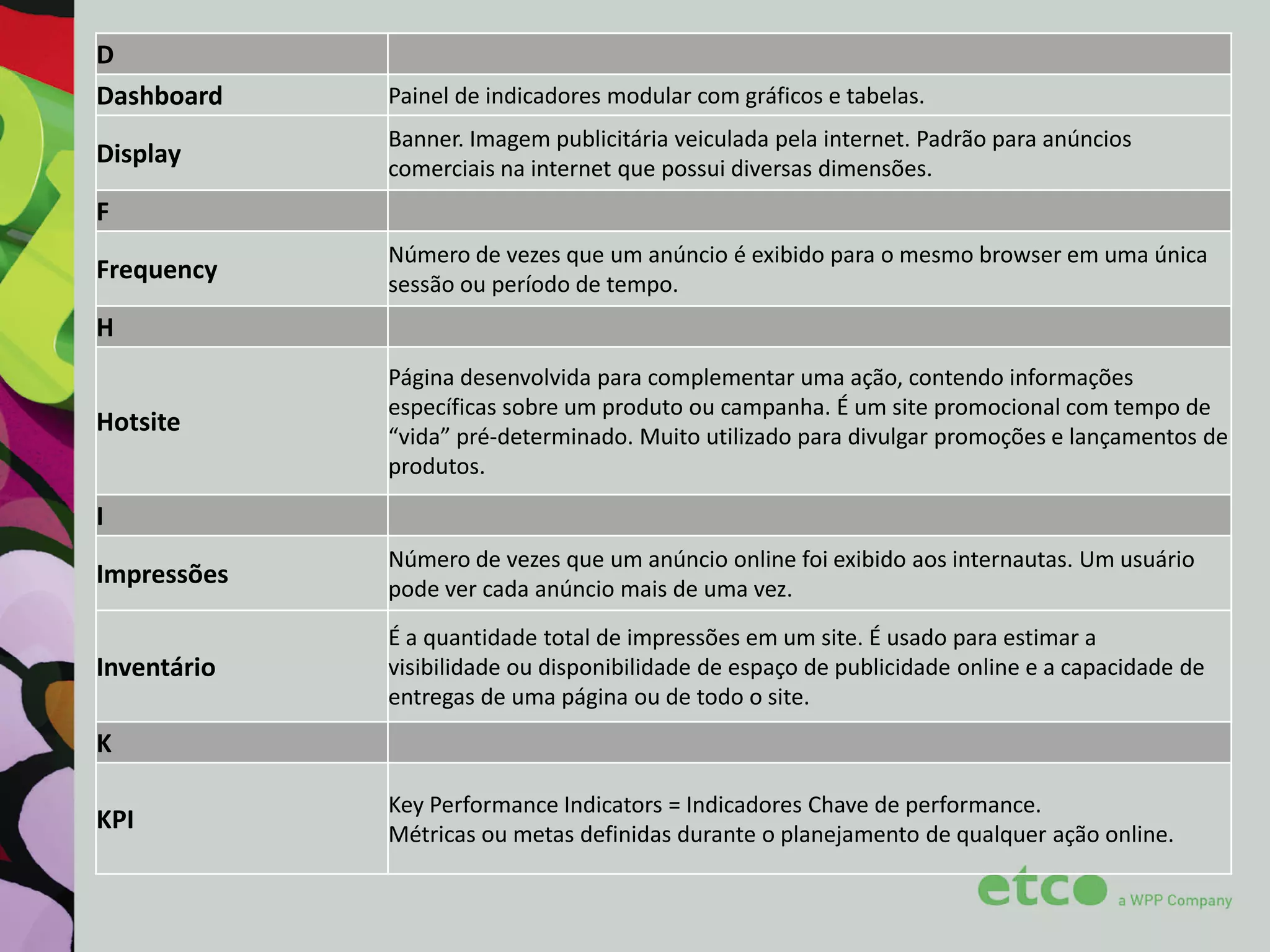 D
Dashboard
Display

Painel de indicadores modular com gráficos e tabelas.
Banner. Imagem publicitária veiculada pela internet. Padrão para anúncios
comerciais na internet que possui diversas dimensões.

F
Frequency

Número de vezes que um anúncio é exibido para o mesmo browser em uma única
sessão ou período de tempo.

H
Hotsite

Página desenvolvida para complementar uma ação, contendo informações
específicas sobre um produto ou campanha. É um site promocional com tempo de
“vida” pré-determinado. Muito utilizado para divulgar promoções e lançamentos de
produtos.

I
Impressões

Número de vezes que um anúncio online foi exibido aos internautas. Um usuário
pode ver cada anúncio mais de uma vez.

Inventário

É a quantidade total de impressões em um site. É usado para estimar a
visibilidade ou disponibilidade de espaço de publicidade online e a capacidade de
entregas de uma página ou de todo o site.

K
KPI

Key Performance Indicators = Indicadores Chave de performance.
Métricas ou metas definidas durante o planejamento de qualquer ação online.

 