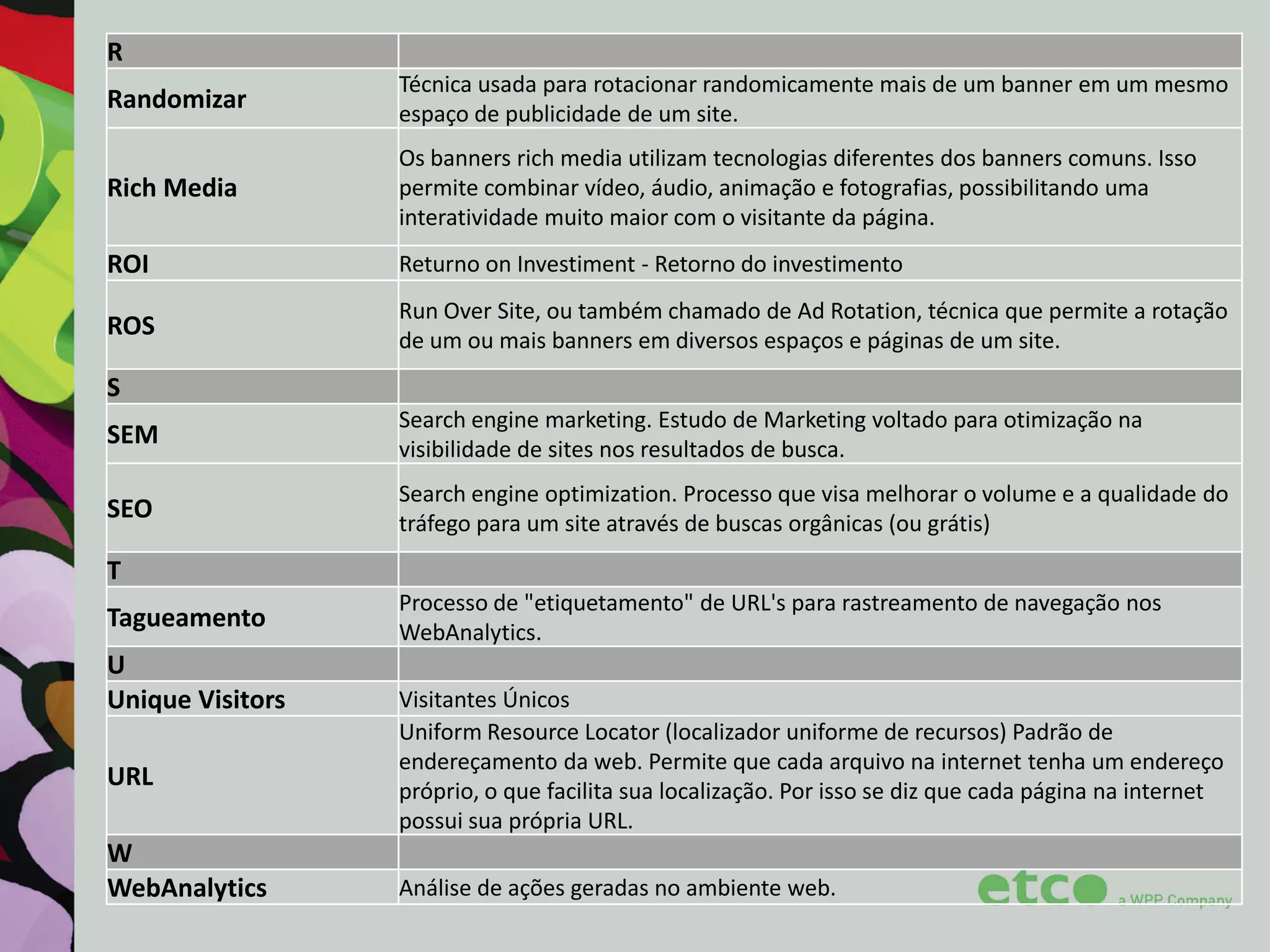 R
Randomizar

Técnica usada para rotacionar randomicamente mais de um banner em um mesmo
espaço de publicidade de um site.

Rich Media

Os banners rich media utilizam tecnologias diferentes dos banners comuns. Isso
permite combinar vídeo, áudio, animação e fotografias, possibilitando uma
interatividade muito maior com o visitante da página.

ROI

Returno on Investiment - Retorno do investimento

ROS

Run Over Site, ou também chamado de Ad Rotation, técnica que permite a rotação
de um ou mais banners em diversos espaços e páginas de um site.

S
SEM

Search engine marketing. Estudo de Marketing voltado para otimização na
visibilidade de sites nos resultados de busca.

SEO

Search engine optimization. Processo que visa melhorar o volume e a qualidade do
tráfego para um site através de buscas orgânicas (ou grátis)

T
Tagueamento
U
Unique Visitors
URL
W
WebAnalytics

Processo de "etiquetamento" de URL's para rastreamento de navegação nos
WebAnalytics.
Visitantes Únicos
Uniform Resource Locator (localizador uniforme de recursos) Padrão de
endereçamento da web. Permite que cada arquivo na internet tenha um endereço
próprio, o que facilita sua localização. Por isso se diz que cada página na internet
possui sua própria URL.
Análise de ações geradas no ambiente web.

 