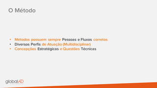 O Método
• Métodos possuem sempre Pessoas e Fluxos corretos
• Diversos Perfis de Atuação (Multidisciplinar)
• Concepções Estratégicas e Questões Técnicas
 