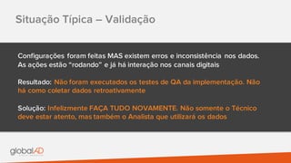 Situação Típica – Validação
Configurações foram feitas MAS existem erros e inconsistência nos dados.
As ações estão “rodando” e já há interação nos canais digitais
Resultado: Não foram executados os testes de QA da implementação. Não
há como coletar dados retroativamente
Solução: Infelizmente FAÇA TUDO NOVAMENTE. Não somente o Técnico
deve estar atento, mas também o Analista que utilizará os dados
 