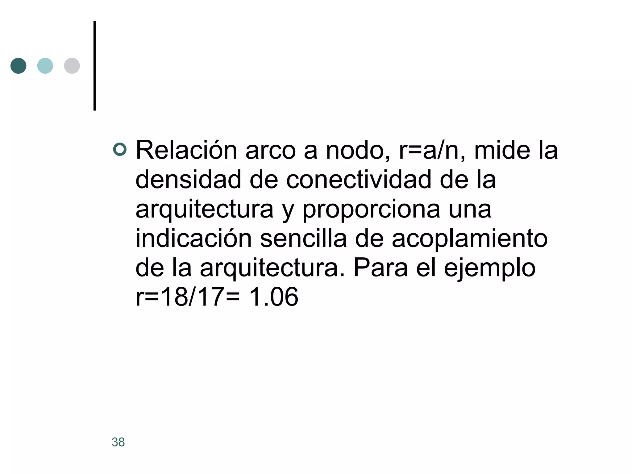 Relación arco a nodo, r=a/n, mide la densidad de conectividad de la arquitectura y proporciona una indicación sencilla de acoplamiento de la arquitectura. Para el ejemplo r=18/17= 1.06 