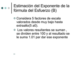 Estimación del Exponente de la fórmula del Esfuerzo (B) Considera 5 factores de escala  valorados desde muy bajo hasta extraalto(5 a0). Los valores resultantes se suman , se dividen entre 100 y al resultado se le suma 1.01 par dar ese exponente 