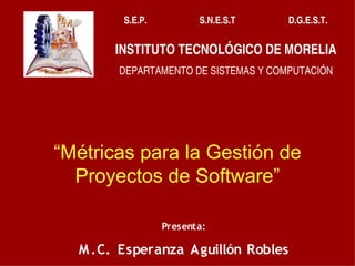 S.E.P.                 S.N.E.S.T             D.G.E.S.T.


       INSTITUTO TECNOLÓGICO DE MORELIA
       DEPARTAMENTO DE SISTEMAS Y COMPUTACIÓN




“Métricas para la Gestión de
  Proyectos de Software”

                     Presenta:

  M .C. Esperanza Aguillón Robles
 