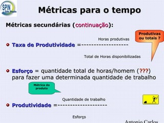 Métricas para o tempoMétricas para o tempo
Métricas secundárias (Métricas secundárias (continuaçãocontinuação):):
Horas produtivasHoras produtivas
Taxa de ProdutividadeTaxa de Produtividade =-------------------=-------------------
Total de Horas disponibilizadasTotal de Horas disponibilizadas
EsforçoEsforço = quantidade total de horas/homem (= quantidade total de horas/homem (??????))
para fazer uma determinada quantidade de trabalhopara fazer uma determinada quantidade de trabalho
Quantidade de trabalhoQuantidade de trabalho
ProdutividadeProdutividade =--------------------=--------------------
EsforçoEsforço
Produtivas
ou totais ?
Métrica do
produto
 