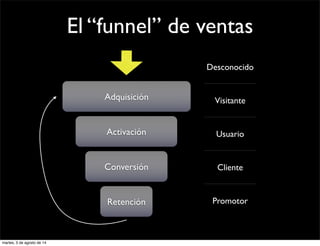 El “funnel” de ventas
Adquisición
Activación
Conversión
Retención
Desconocido
Visitante
Usuario
Cliente
Promotor
martes, 5 de agosto de 14
 
