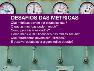 DESAFIOS DAS MÉTRICAS
Que métricas devem ser estabelecidas?
O que as métricas podem medir?
Como processar os dados?
Como medir o ROI financeiro das mídias sociais?
Que ferramentas devem ser utilizadas?
É possível estabelecer algum índice padrão?
 