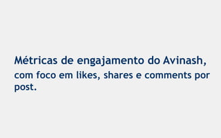 Métricas de engajamento do Avinash,
com foco em likes, shares e comments por
post.
 