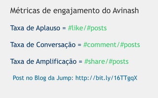 Métricas de engajamento do Avinash

Taxa de Aplauso = #like/#posts

Taxa de Conversação = #comment/#posts

Taxa de Amplificação = #share/#posts

Post no Blog da Jump: http://bit.ly/16TTgqX
 