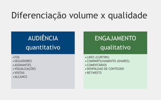Diferenciação volume x qualidade

         AUDIÊNCIA          ENGAJAMENTO
        quantitativo          qualitativo
• FÃS                  • LIKES (CURTIRS)
• SEGUIDORES           • COMPARTILHAMENTO (SHARES)
• ASSINANTES           • COMENTÁRIOS
• VISUALIZAÇÕES        • DOWNLOAD DE CONTEÚDO
• VISITAS              • RETWEETS
• ALCANCE
 