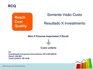 RCQ

                                               Somente Visão Custo
           Reach
           Cost                             Resultado X Investimento
           Quality

                          Meio X Pessoas Impactadas X Recall




                                        Custo unitário
     Ex:
     Investimento Campanha Universitários: R$ 5.000.000,00
     Recall: 500.000
     Custo Unitário: R$ 10,00



Métricas de Marketing
 
