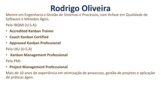 Rodrigo Oliveira
Mestre em Engenharia e Gestão de Sistemas e Processos, com ênfase em Qualidade de
Software e Métodos Ágeis.
Pelo IBQMI (U.S.A):
• Accredited Kanban Trainer
• Coach Kanban Certified
• Approved Kanban Professional
Pela LKU (U.S.A)
• Kanban Management Professional
Pelo PMI:
• Project Management Professsional
Mais de 10 anos de experiência em otimização de processos, gestão de projetos e aplicação
de práticas ágeis.
 