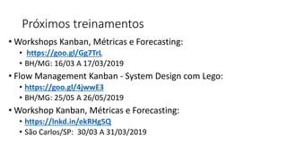 Próximos treinamentos
• Workshops Kanban, Métricas e Forecasting:
• https://goo.gl/Gg7TrL
• BH/MG: 16/03 A 17/03/2019
• Flow Management Kanban - System Design com Lego:
• https://goo.gl/4jwwE3
• BH/MG: 25/05 A 26/05/2019
• Workshop Kanban, Métricas e Forecasting:
• https://lnkd.in/ekRHg5Q
• São Carlos/SP: 30/03 A 31/03/2019
 