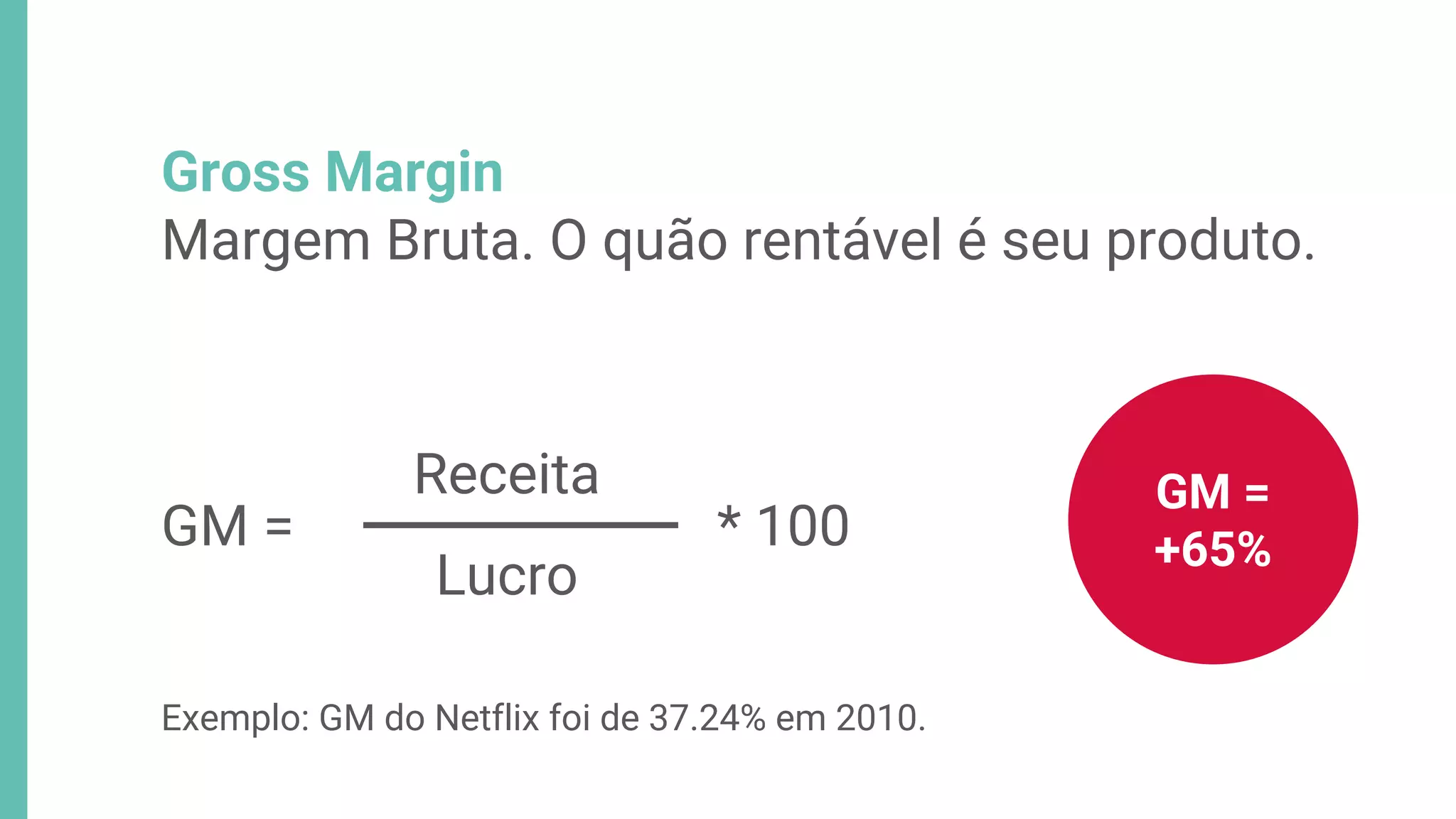 Gross Margin
Margem Bruta. O quão rentável é seu produto.
Exemplo: GM do Netflix foi de 37.24% em 2010.
Receita
Lucro
GM = * 100
GM =
+65%
 