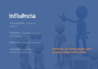 inf luência
Visualizações - Número de
exibições.


Visitantes - Quantidade de pessoas
que acessaram


Membros - Quantidade de pessoas.

Conexões - Quantidade de             métricas de comparação com
conexões dos participantes.          outras mídias tradicionais
 