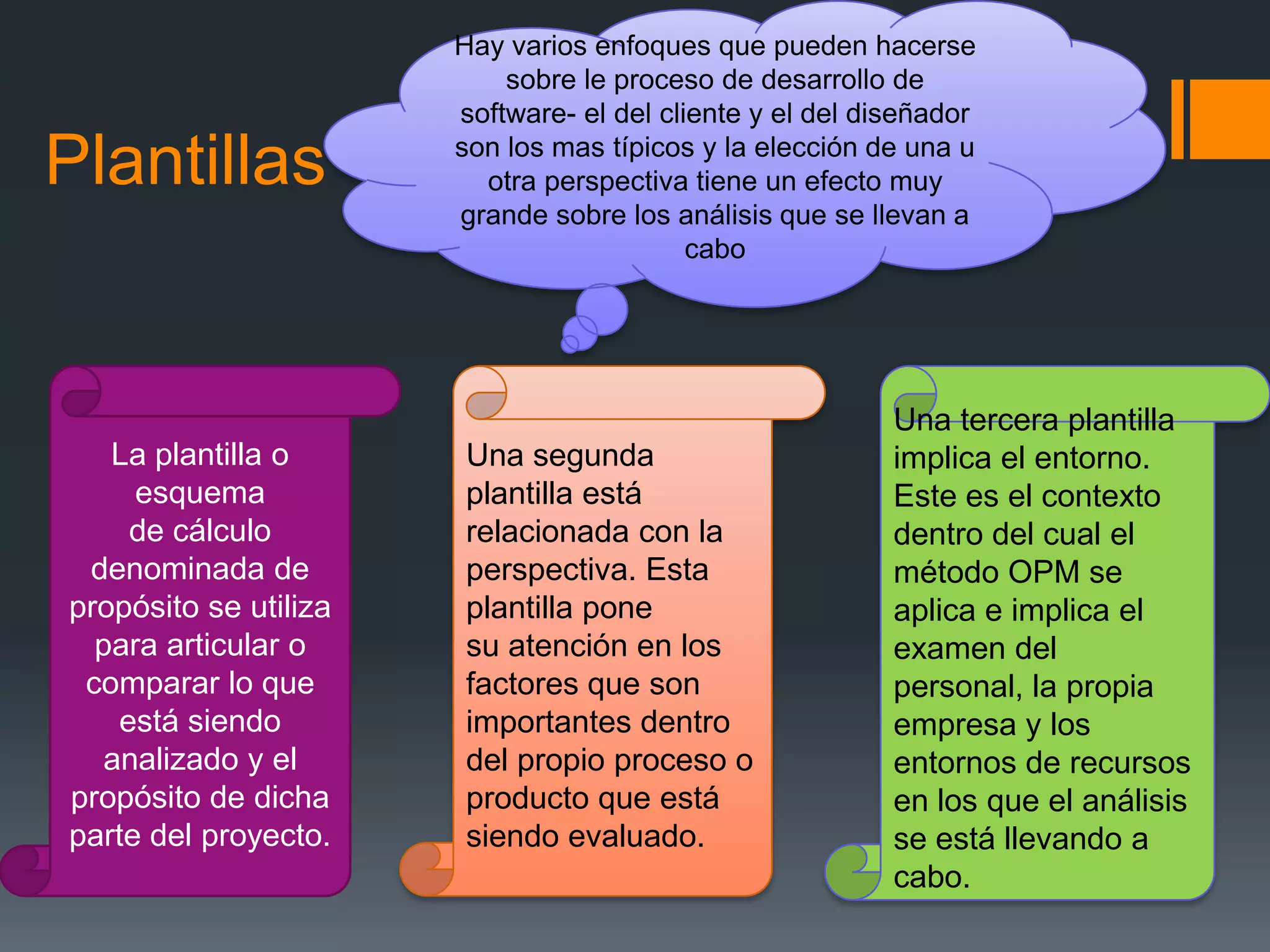 Hay varios enfoques que pueden hacerse
                           sobre le proceso de desarrollo de
                       software- el del cliente y el del diseñador

Plantillas             son los mas típicos y la elección de una u
                         otra perspectiva tiene un efecto muy
                       grande sobre los análisis que se llevan a
                                           cabo




                                                           Una tercera plantilla
   La plantilla o      Una segunda                         implica el entorno.
     esquema           plantilla está                      Este es el contexto
     de cálculo        relacionada con la                  dentro del cual el
 denominada de         perspectiva. Esta                   método OPM se
propósito se utiliza   plantilla pone                      aplica e implica el
  para articular o     su atención en los                  examen del
 comparar lo que       factores que son                    personal, la propia
    está siendo        importantes dentro                  empresa y los
   analizado y el      del propio proceso o                entornos de recursos
propósito de dicha     producto que está                   en los que el análisis
parte del proyecto.    siendo evaluado.                    se está llevando a
                                                           cabo.
 