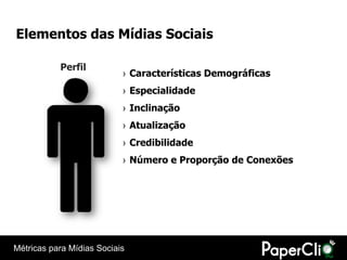 Elementos das Mídias Sociais

           Perfil
                           › Características Demográficas
                           › Especialidade
                           › Inclinação
                           › Atualização
                           › Credibilidade
                           › Número e Proporção de Conexões




Métricas para Mídias Sociais
 