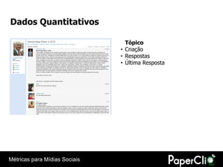 Dados Quantitativos

                                 Tópico
                               • Criação
                               • Respostas
                               • Última Resposta




Métricas para Mídias Sociais
 