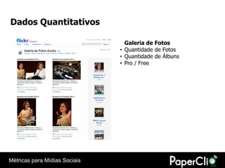 Dados Quantitativos

                                 Galeria de Fotos
                               • Quantidade de Fotos
                               • Quantidade de Álbuns
                               • Pro / Free




Métricas para Mídias Sociais
 