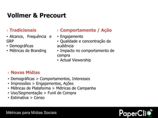 Vollmer & Precourt

› Tradicionais                 › Comportamento / Ação
• Alcance, Frequência e        • Engajamento
GRP                            • Qualidade e concentração da
• Demográficas                 audiência
• Métricas de Branding         • Impacto no comportamento de
                               compra
                               • Actual Viewership


› Novas Mídias
•   Demográficas > Comportamentos, Interesses
•   Impressões > Engajamentos, Ações
•   Métricas de Plataforma > Métricas de Campanha
•   Uso/Segmentação > Funil de Compra
•   Estimativa > Censo


Métricas para Mídias Sociais
 