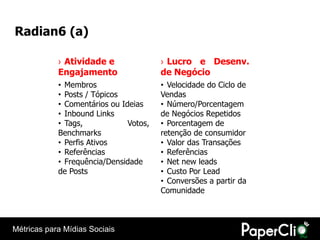 Radian6 (a)

            › Atividade e               › Lucro e Desenv.
            Engajamento                 de Negócio
            • Membros                   • Velocidade do Ciclo de
            • Posts / Tópicos           Vendas
            • Comentários ou Ideias     • Número/Porcentagem
            • Inbound Links             de Negócios Repetidos
            • Tags,            Votos,   • Porcentagem de
            Benchmarks                  retenção de consumidor
            • Perfis Ativos             • Valor das Transações
            • Referências               • Referências
            • Frequência/Densidade      • Net new leads
            de Posts                    • Custo Por Lead
                                        • Conversões a partir da
                                        Comunidade



Métricas para Mídias Sociais
 