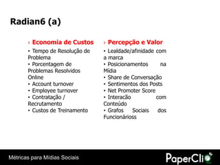 Radian6 (a)

       › Economia de Custos      › Percepção e Valor
       • Tempo de Resolução de   • Lealdade/afinidade com
       Problema                  a marca
       • Porcentagem de          • Posicionamentos      na
       Problemas Resolvidos      Mídia
       Online                    • Share de Conversação
       • Account turnover        • Sentimentos dos Posts
       • Employee turnover       • Net Promoter Score
       • Contratação /           • Interacão          com
       Recrutamento              Conteúdo
       • Custos de Treinamento   • Grafos    Sociais   dos
                                 Funcionárioss




Métricas para Mídias Sociais
 