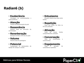 Radian6 (b)

     • Exuberância                             • Entusiasmo
       Contagem de     recomendações       e      Direção relativa dos links entre
     posts positivos                           fontes

     • Atenção                                 • Repetição
       Tempo de disseminação de post
                                                 Taxa, por fonte, de links ou

     • Ressonância                             RTs de conteúdo

       Volume total    de   sincronia   da
     conversação                               • Ativação
                                                 Total    de    novas      fontes
     • Reverberação                            compartilhando conteúdo
       Geração de links e RTs de um post
                                               • Conversação
     • Volume                                    Taxa    de     conversação     x
       Volume total de postagens               concorrentes


     • Potencial                               • Engajamento
       Comparação de declarações        de       Total     e     duração       de
     desejo de compra e receita                comentários repetidos




Métricas para Mídias Sociais
 