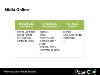 Mídia Online


             Owned Media           Earned Media            Paid Media
              (Mídia Própria)     (Mídia Espontânea)         (Mídia Paga)


          - Site do Candidato   - Notícias             -Banners
          - Site do Partido     - Posts                - Links Patrocinados
          - Perfis Oficiais     - Conversações         - Posts Pagos
          - Conteúdo Oficial    - Comunidades /        - ...
          - ...                 Grupos
                                - Páginas / Wikis
                                - Correntes de Email
                                - ...




Métricas para Mídias Sociais
 