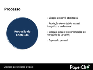 Processo

                               › Criação de perfis otimizados

                               › Produção de conteúdo textual,
                               imagético e audiovisual

          Produção de          › Seleção, edição e recomendação de
           Conteúdo            conteúdo de terceiros

                               › Expressão pessoal




Métricas para Mídias Sociais
 